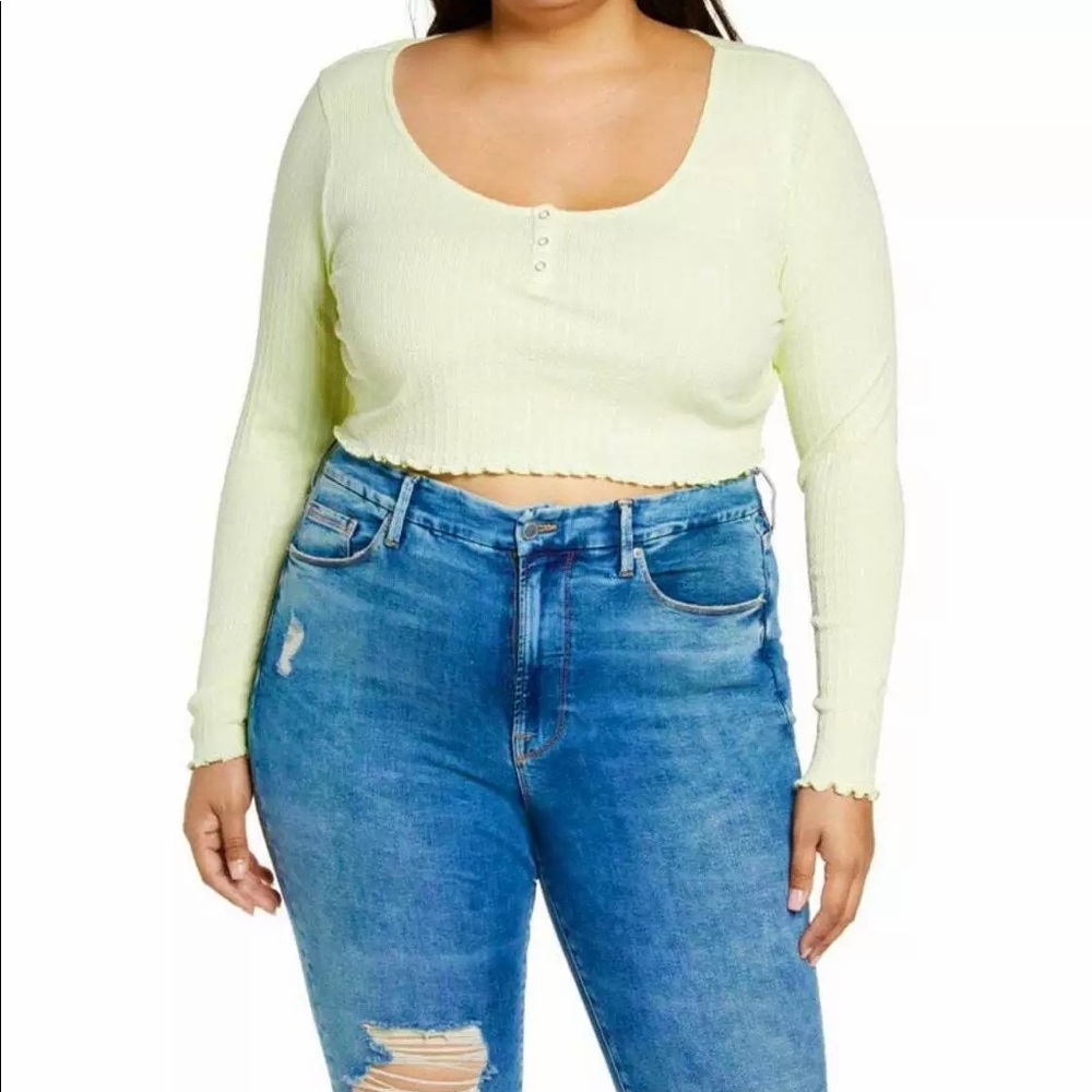BP Nordstrom (M & XL) Crop Top Long Sleeve Knit Henley in Lime Light Green